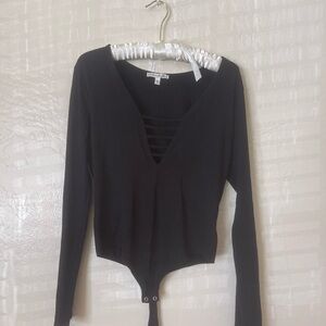 Express One Eleven Women’s Black Long-Sleeve V-Neck Bodysuit